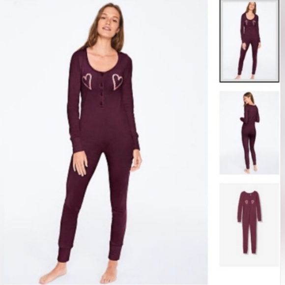 Victoria's Secret Pink Onesie, Plum Purple with Candy Cane Heart, Size M - Picture 6 of 6